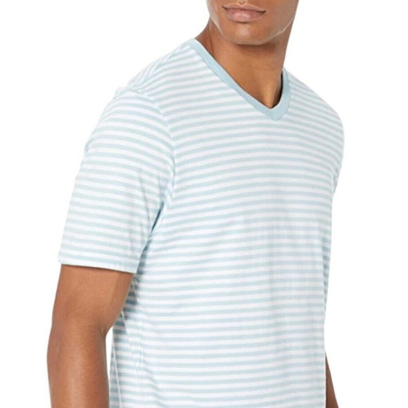 Men's Large V Neck T Shirt Tee Striped Short Sleeve Aqua Blue/White - Picture 3 of 6